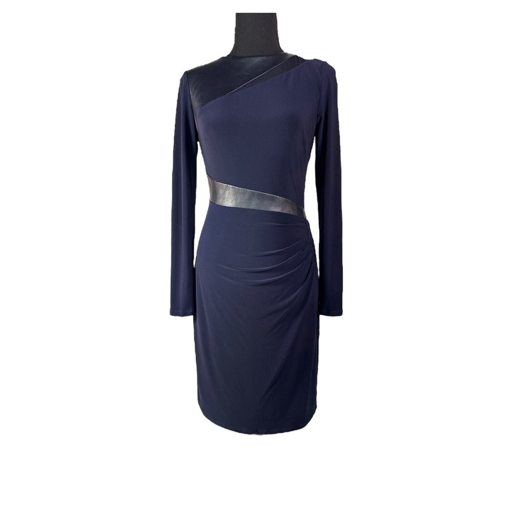 Lauren Ralph Lauren Faux Leather Trim Jersey Dress IN Lighthouse Blue Size 0